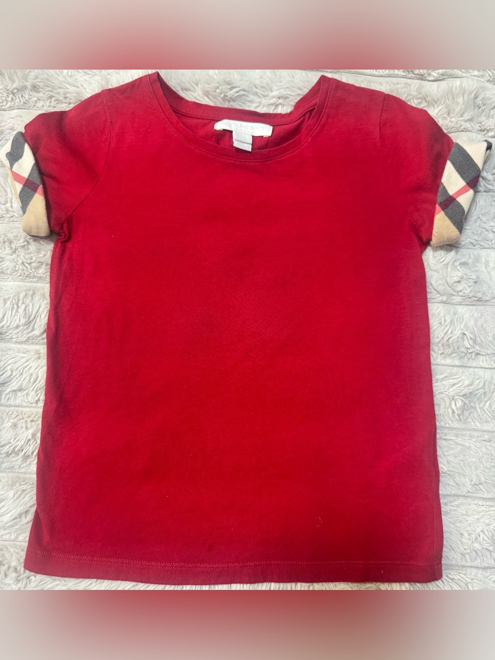 Boys Red Short Sleeve Tee with Plaid Cuff Detail